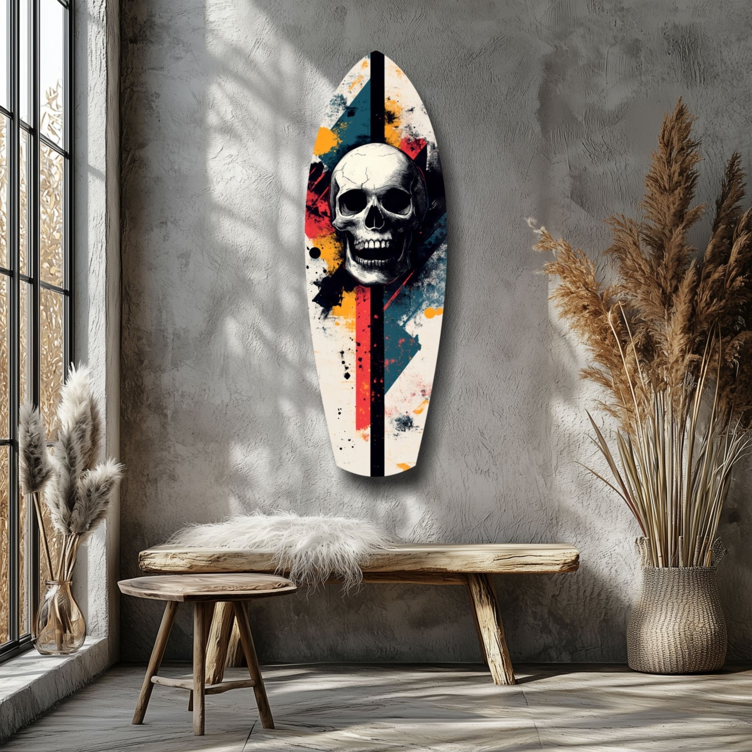 Grunge Surfboard Skull Glass Wall Art