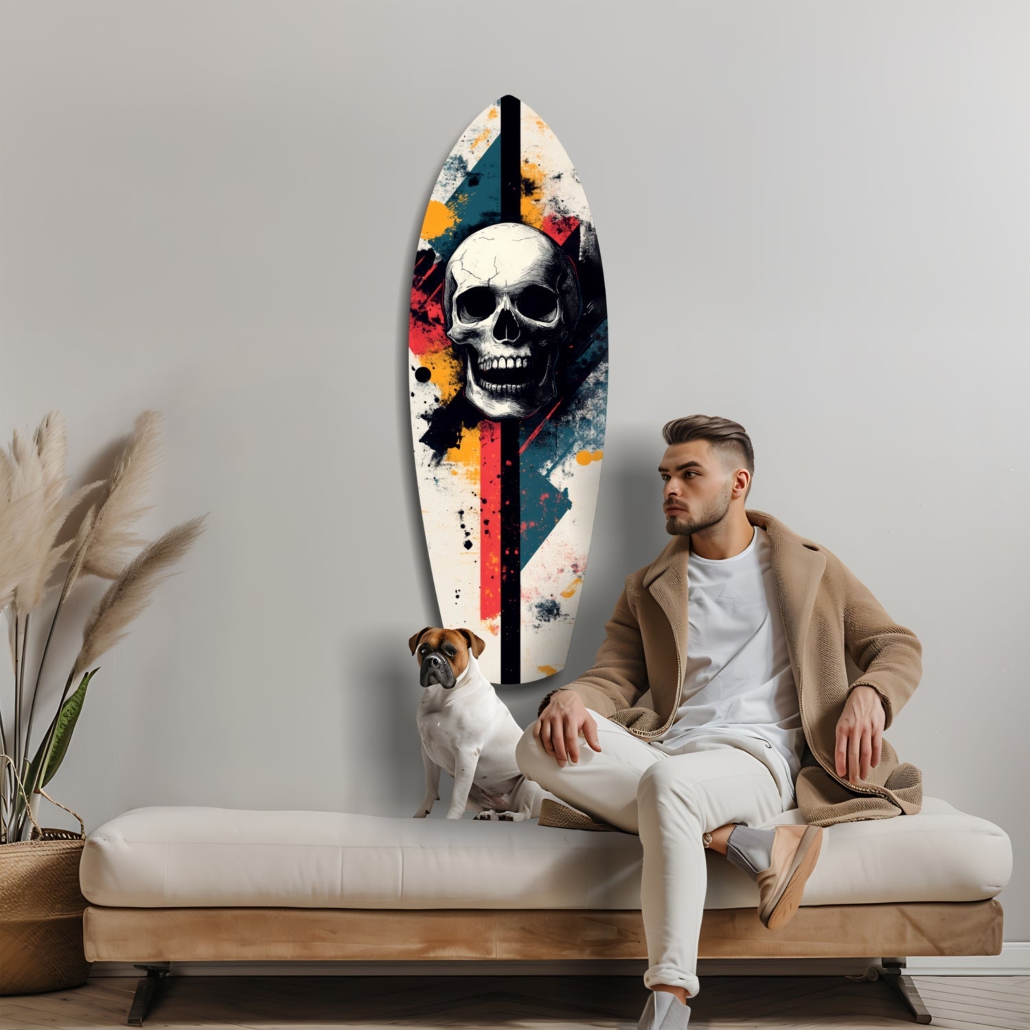 Grunge Surfboard Skull Glass Wall Art