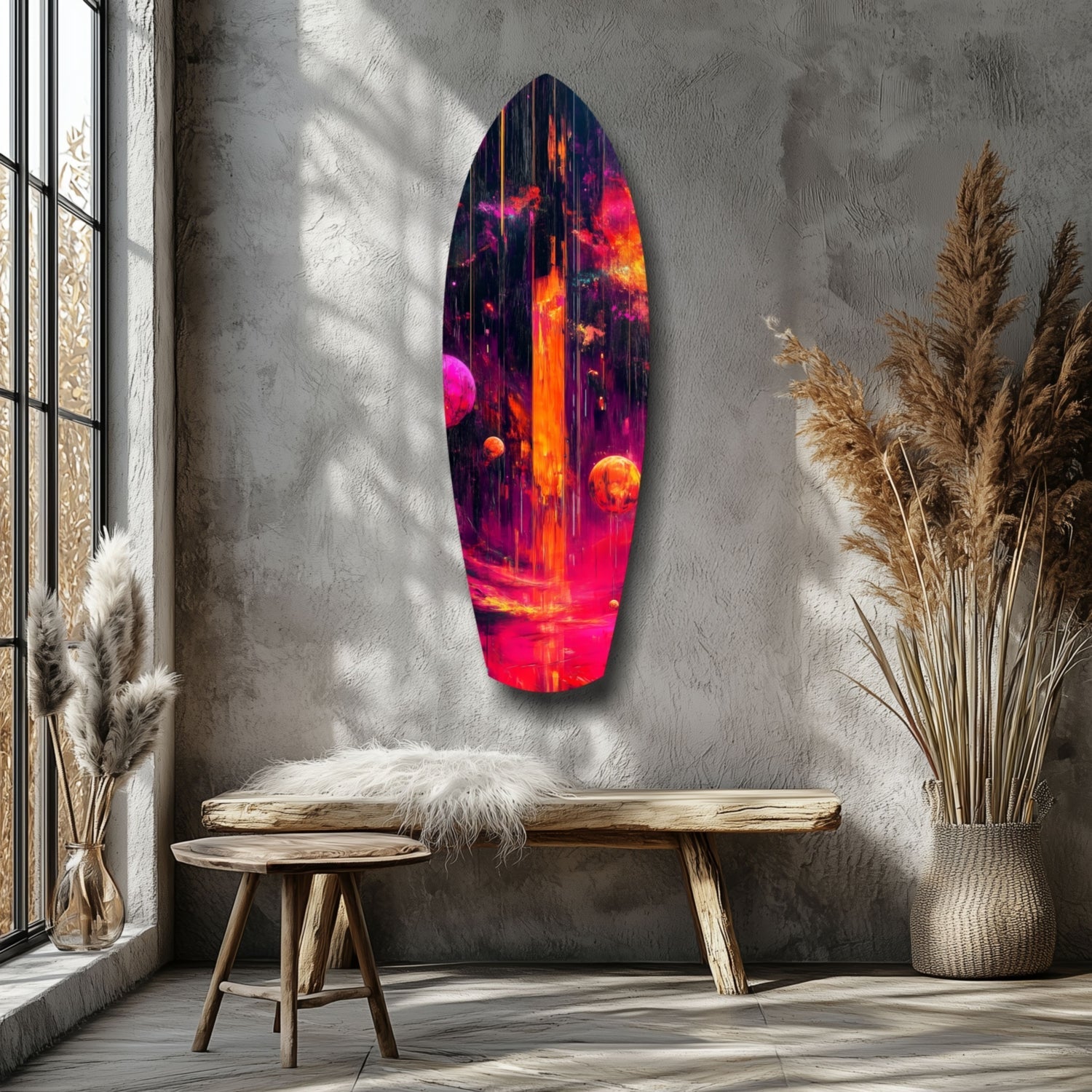 Neon Lava Falls And Planets Surfboard Glass Wall Art