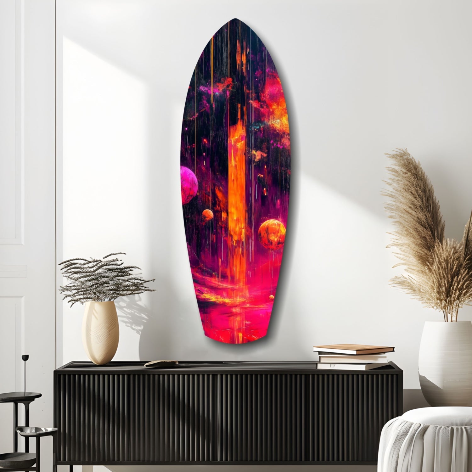 Neon Lava Falls And Planets Surfboard Glass Wall Art