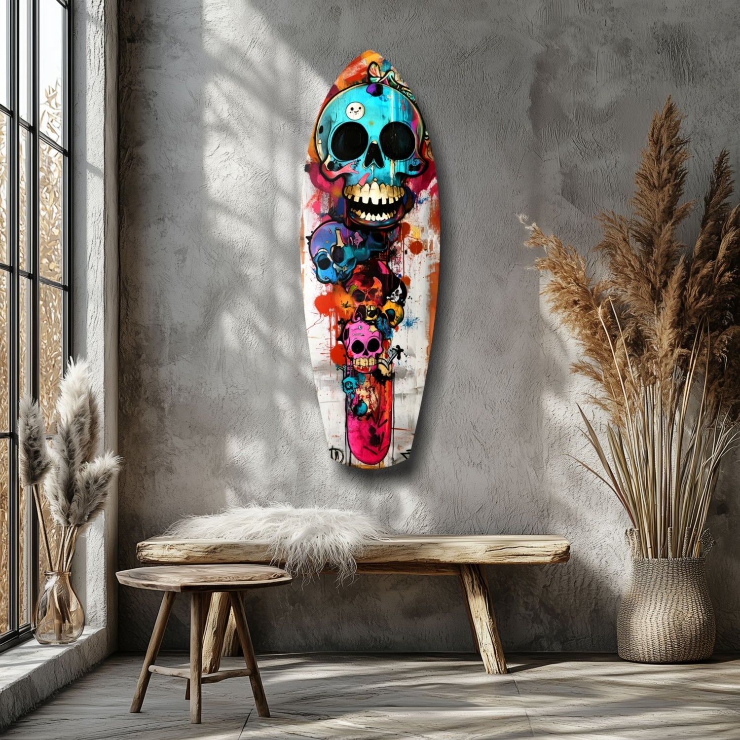 Turquoise Grin Skull Graffiti Surfboard Glass Wall Art