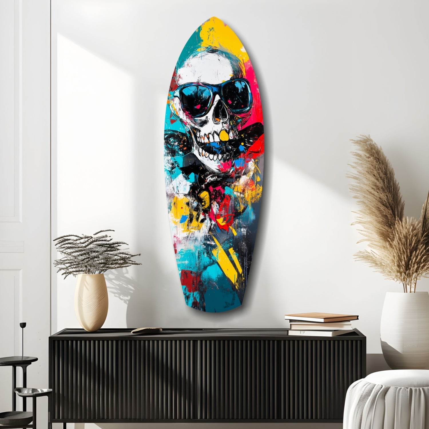 Sunglasses Skull Splatter Surfboard Glass Wall Art