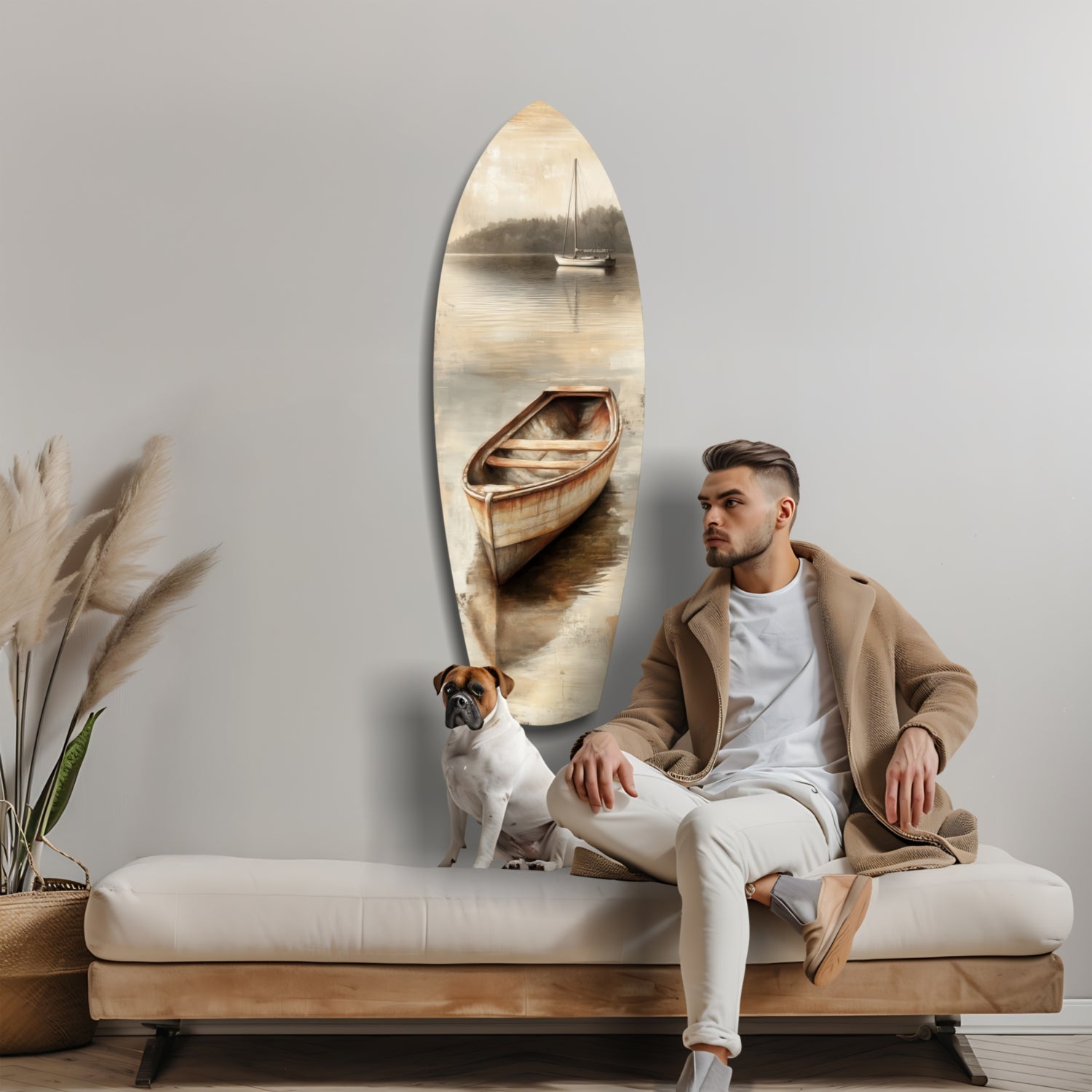 Beige Canoe and Distant Sailboat Glass Wall Art