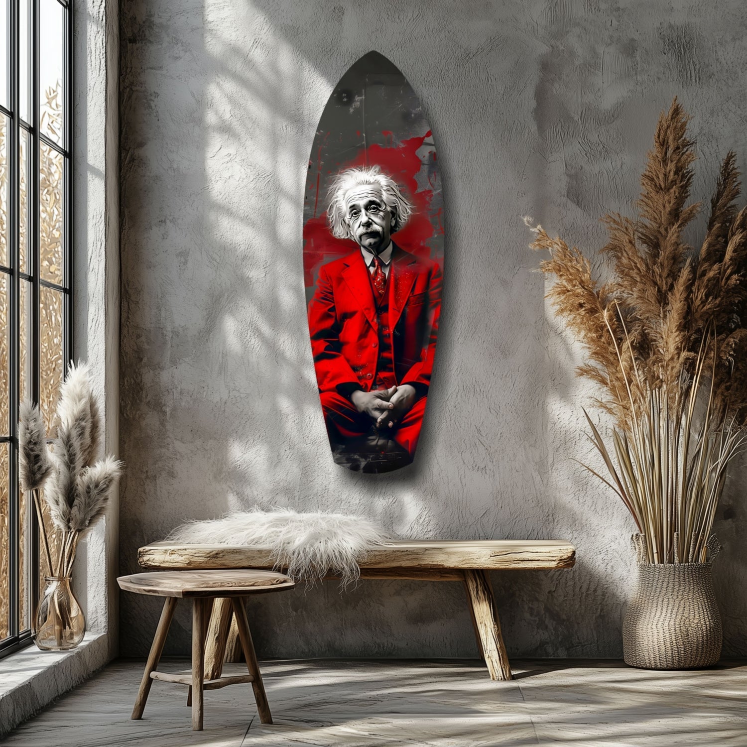 Red Suit Wild Haired Scientist Seated Glass Wall Art