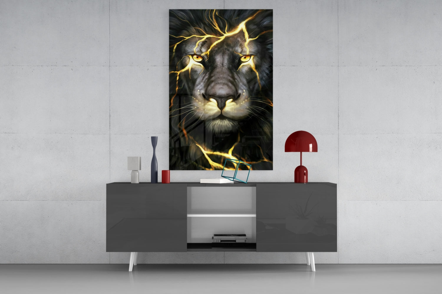Golden Lightning Electric Lion Glass Wall Art