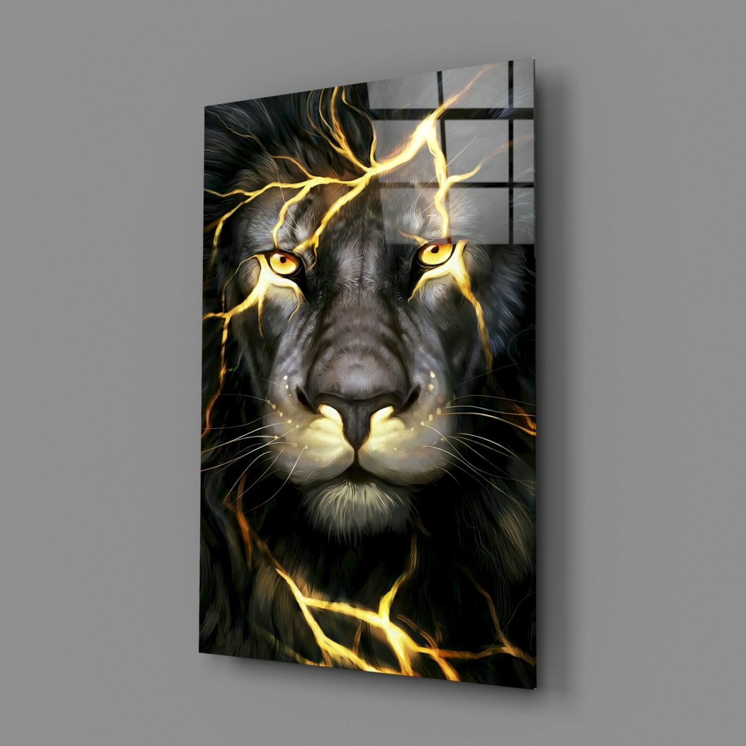 Golden Lightning Electric Lion Glass Wall Art