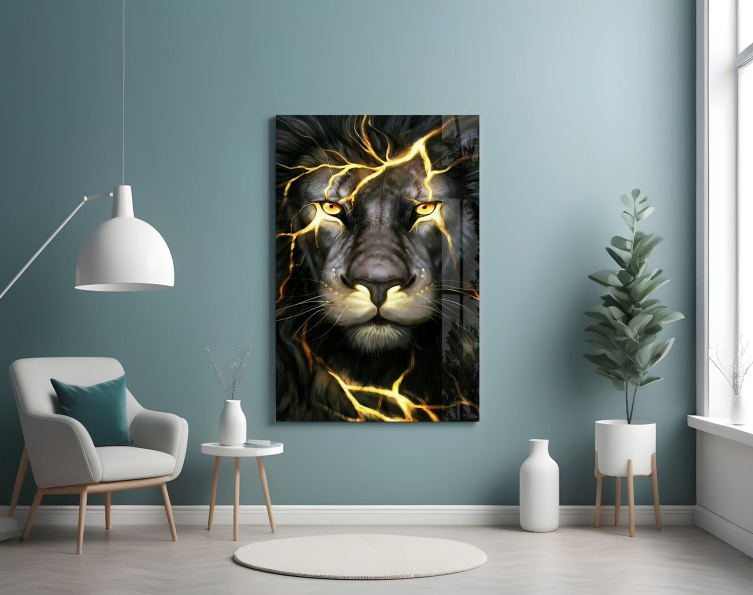 Golden Lightning Electric Lion Glass Wall Art