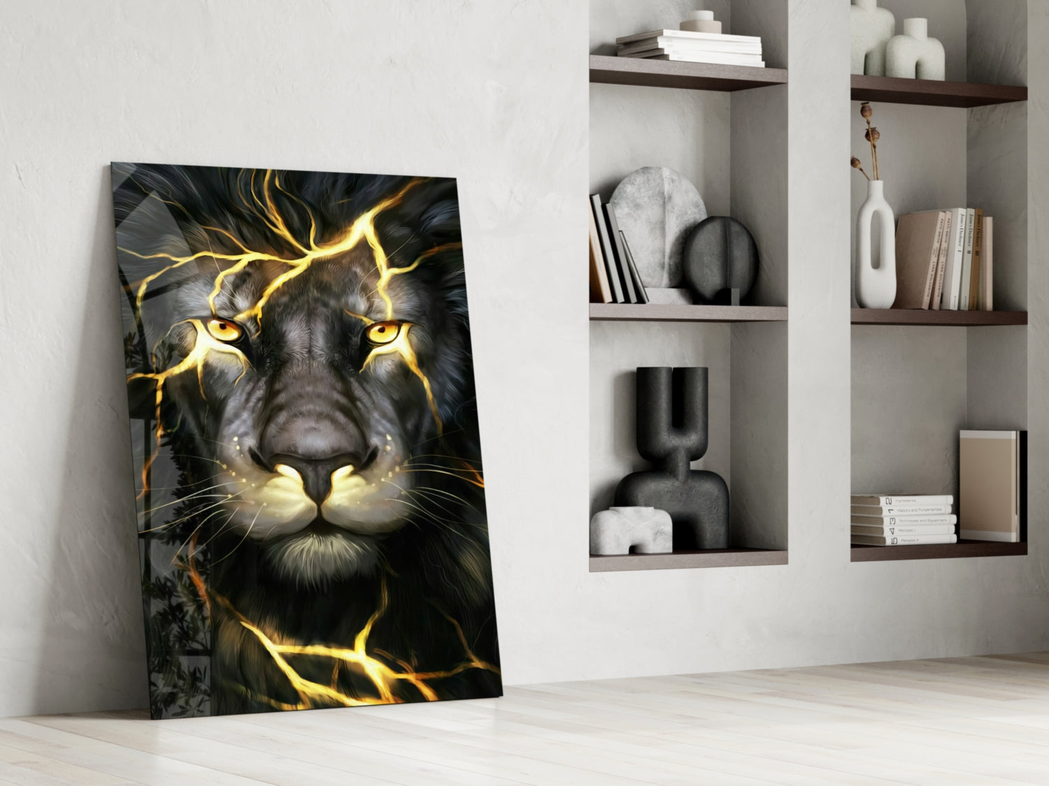 Golden Lightning Electric Lion Glass Wall Art