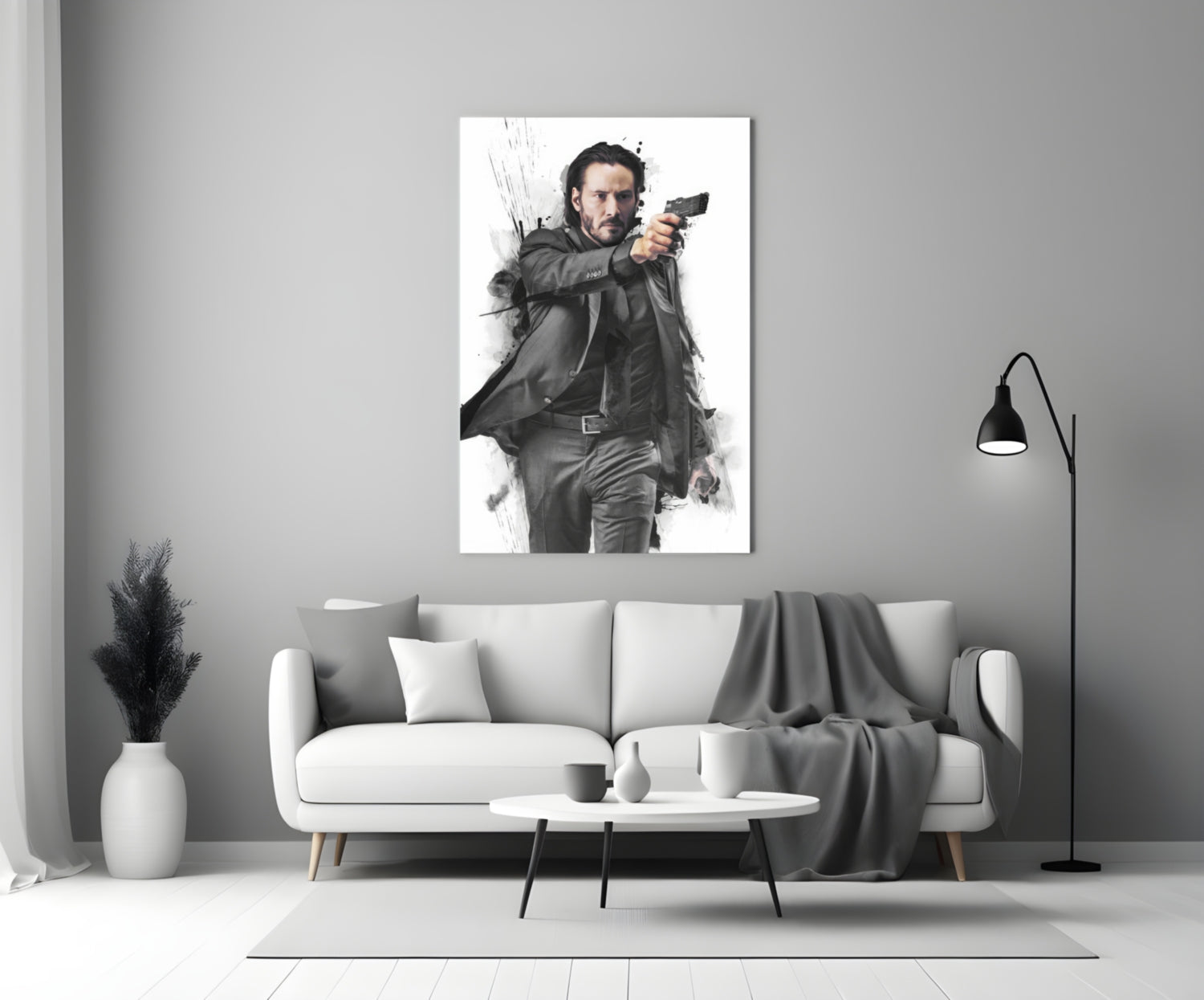 Suited Gunman Ink Splash Gray Glass Wall Art