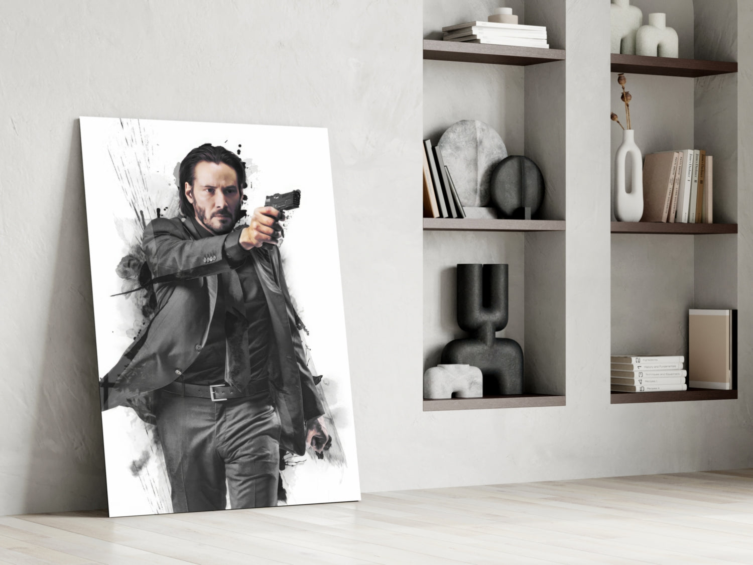 Suited Gunman Ink Splash Gray Glass Wall Art
