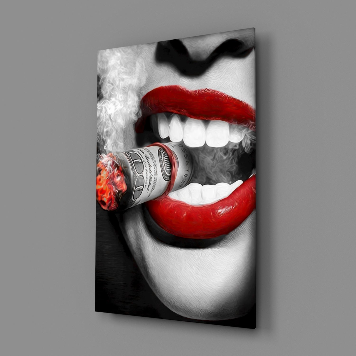 Red Lips Biting Burning Dollar Glass Wall Art