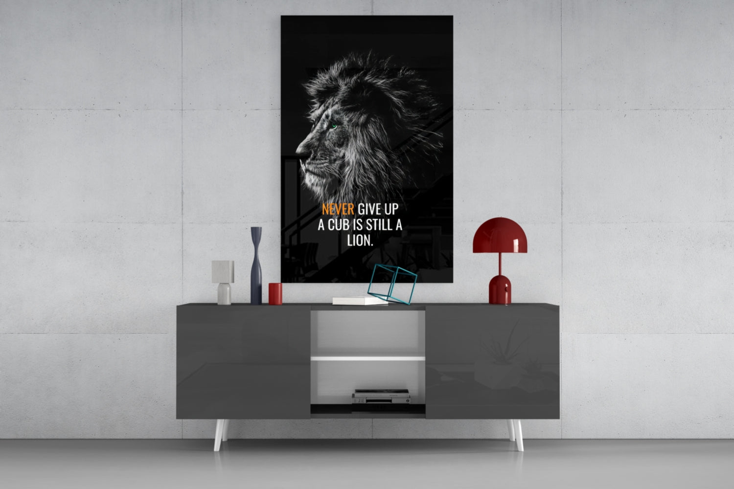 Never Give Up Lion Quote Glass Wall Art