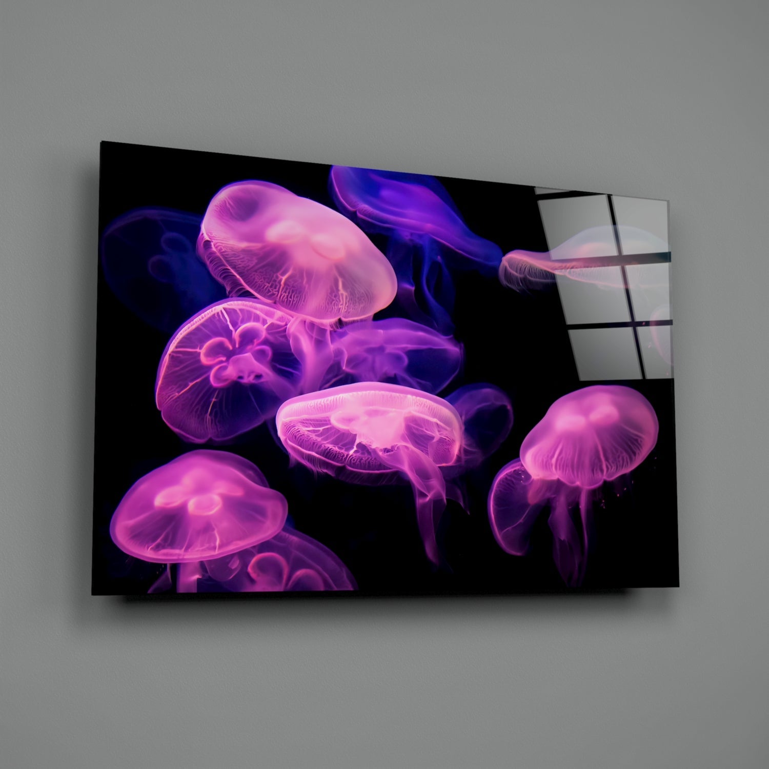 Pink Glowing Jellyfish Cluster Glass Wall Art