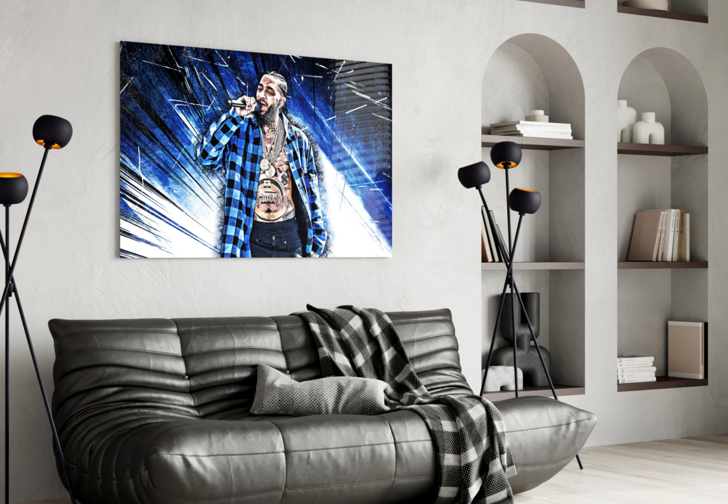 Blue Burst Plaid Shirt Rapper Glass Wall Art