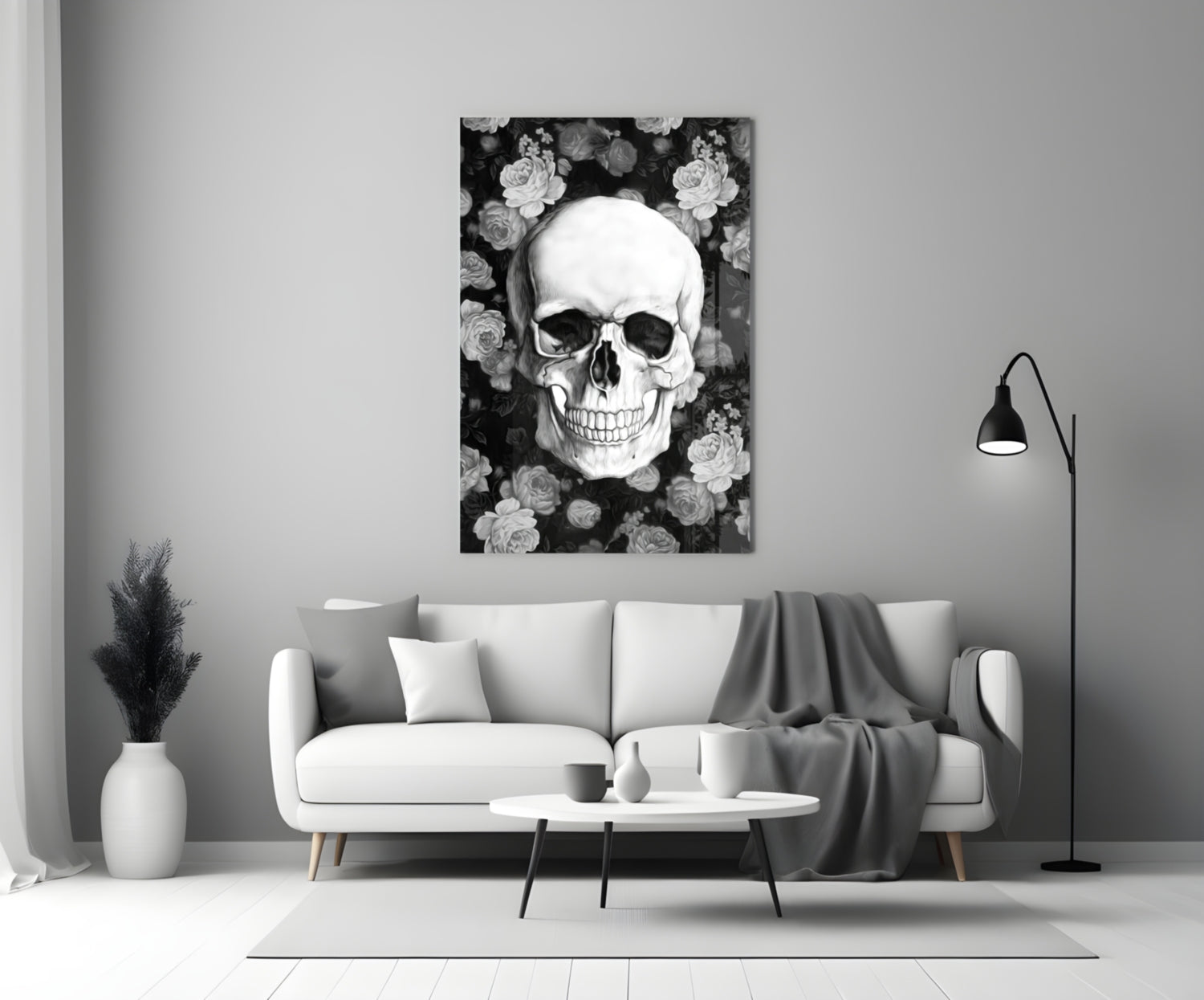 Monochrome Rose Garden Skull Glass Wall Art