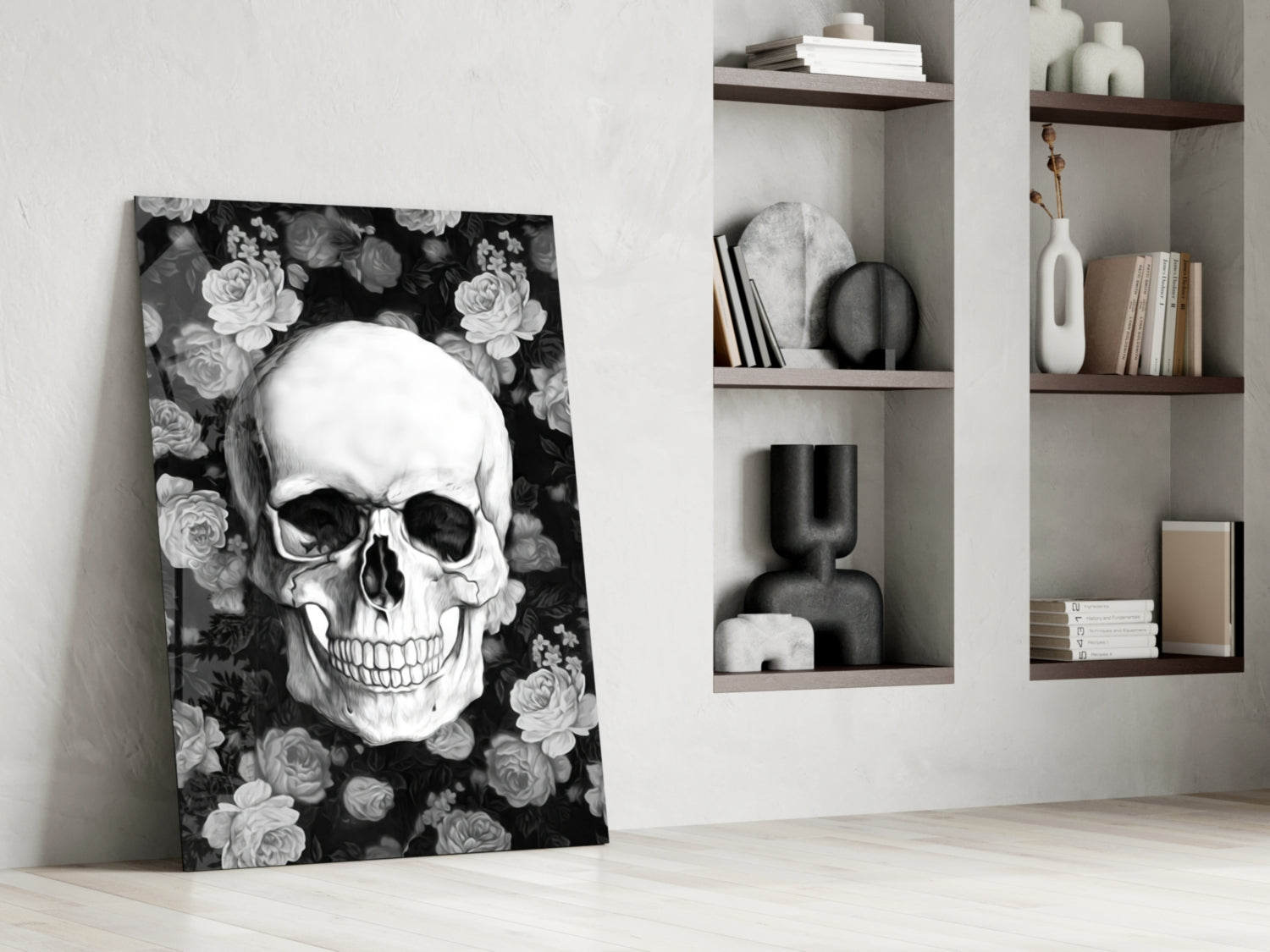 Monochrome Rose Garden Skull Glass Wall Art