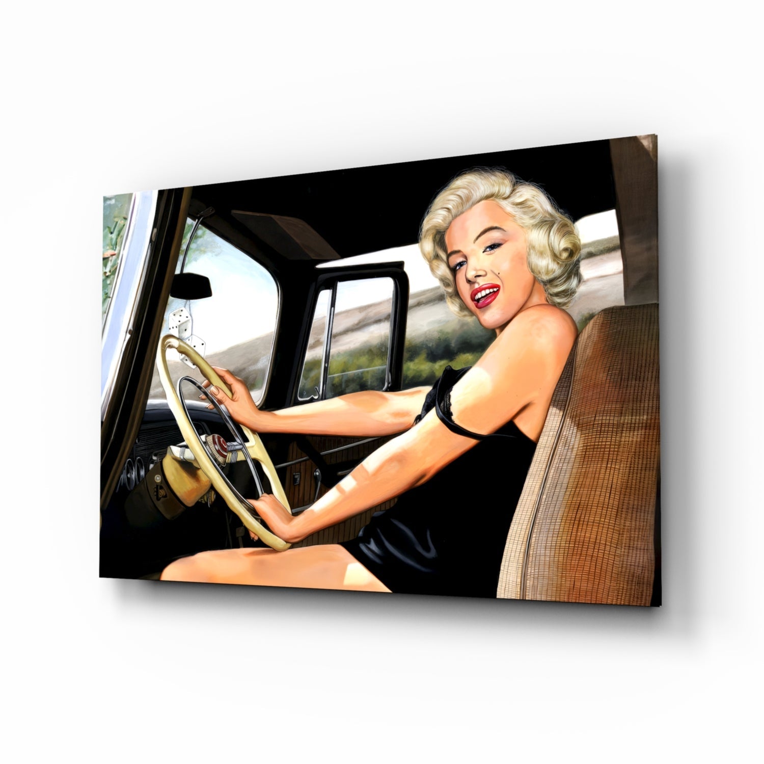 Vintage Blonde Driving Car Glass Wall Art