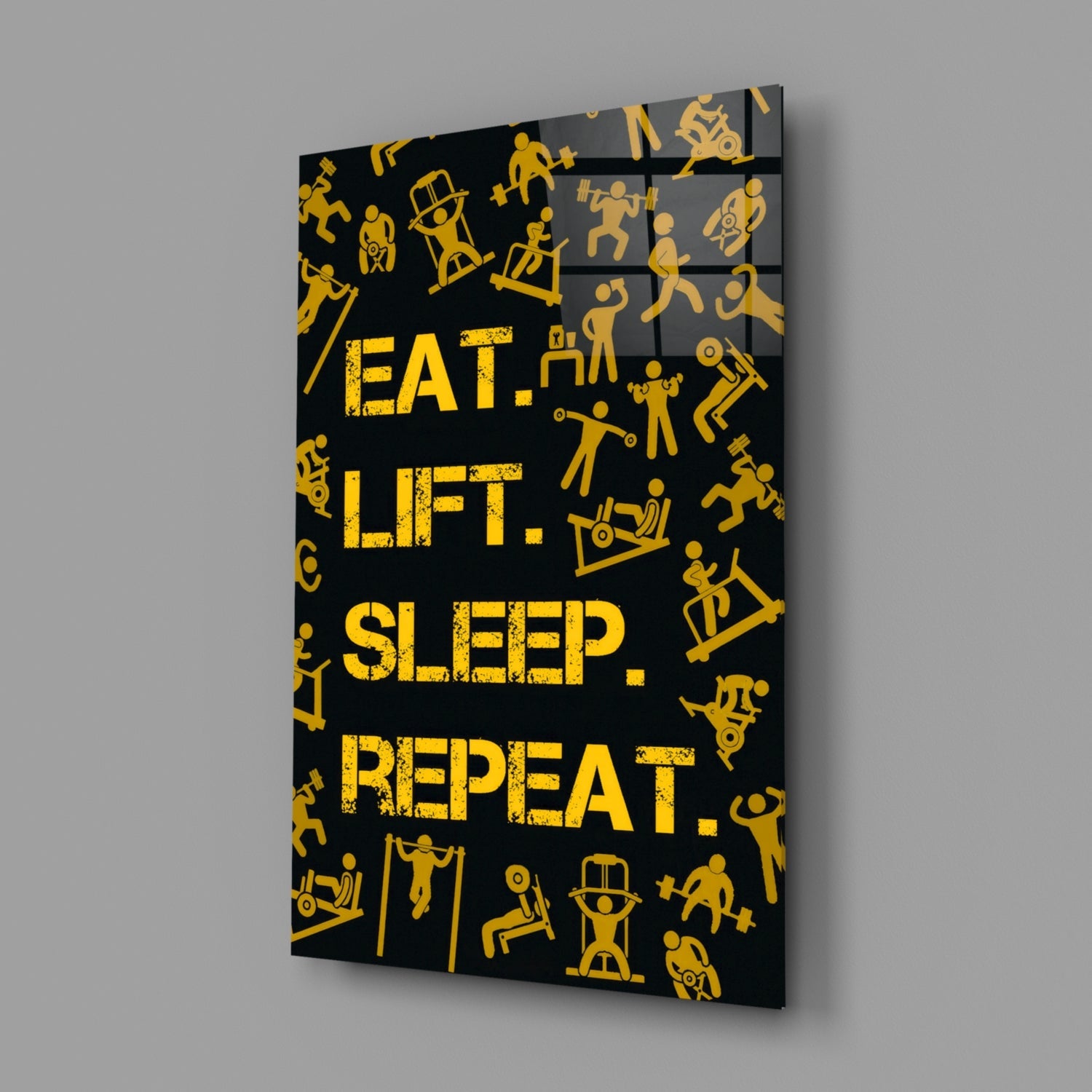 Golden Yellow Fitness Symbols Slogan Glass Wall Art
