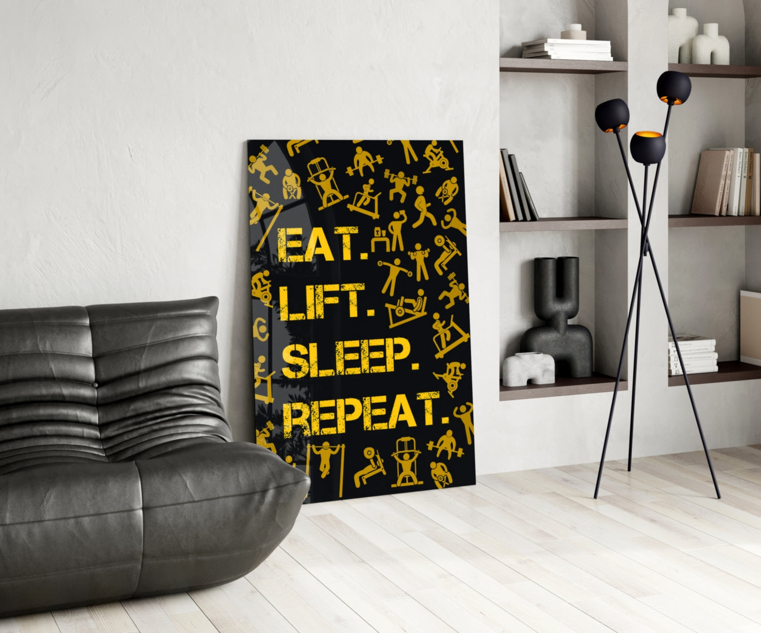 Golden Yellow Fitness Symbols Slogan Glass Wall Art