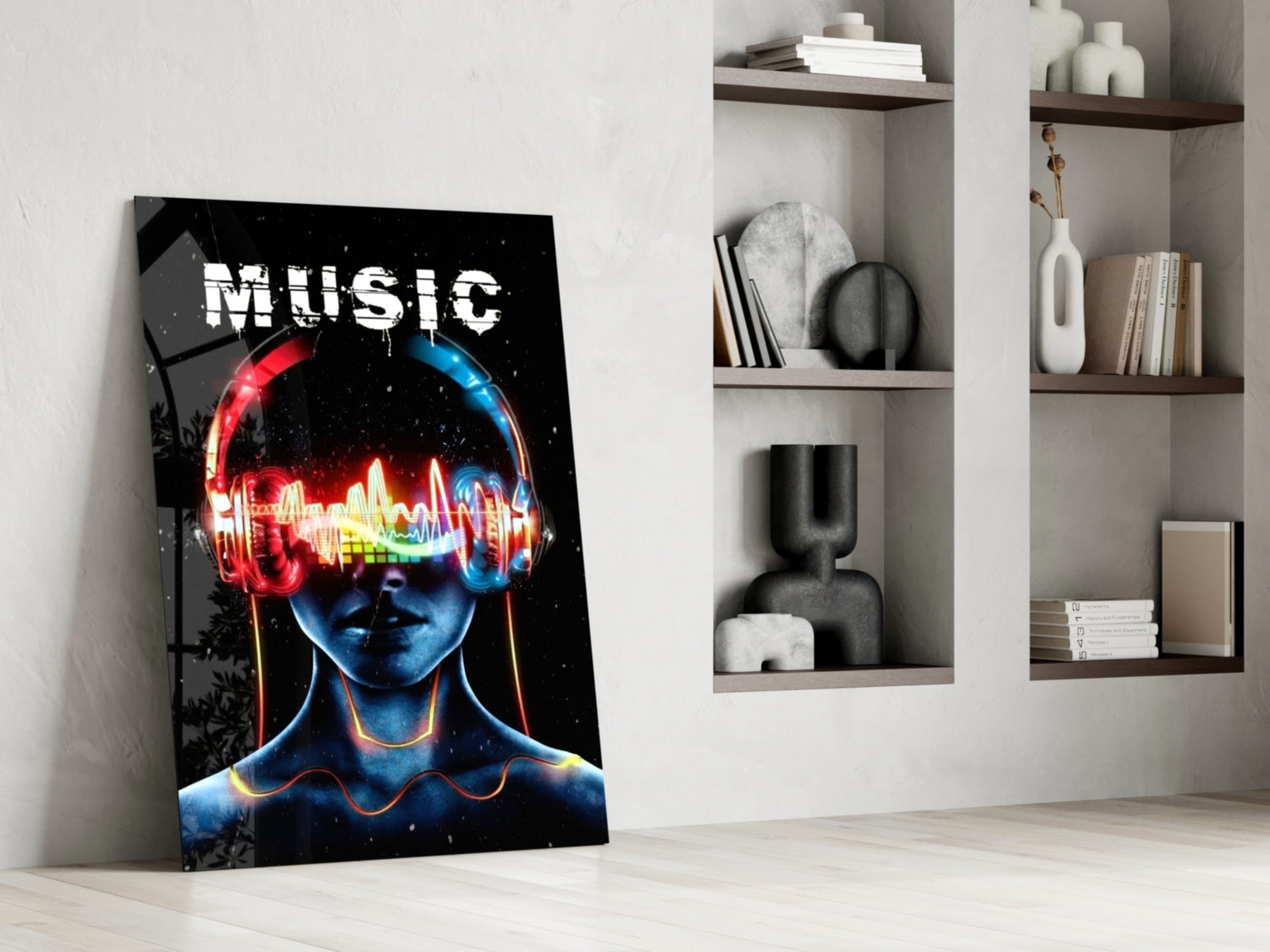 Neon Headphones Face With Sound Wave Glass Wall Art