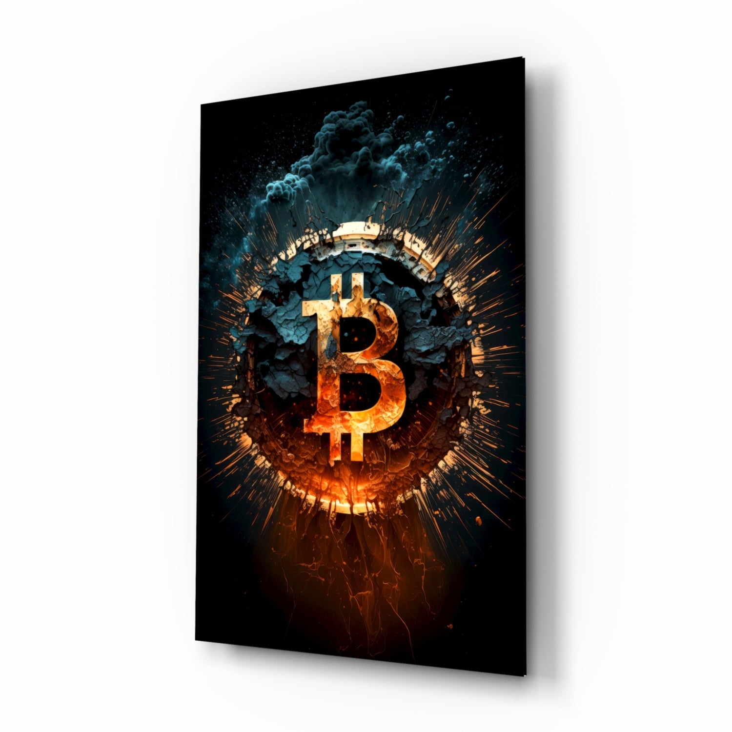 Fiery Cracked Bitcoin Blast Glass Wall Art