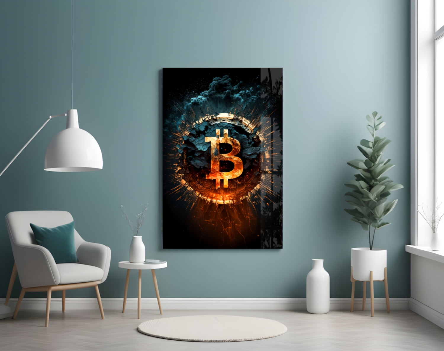 Fiery Cracked Bitcoin Blast Glass Wall Art