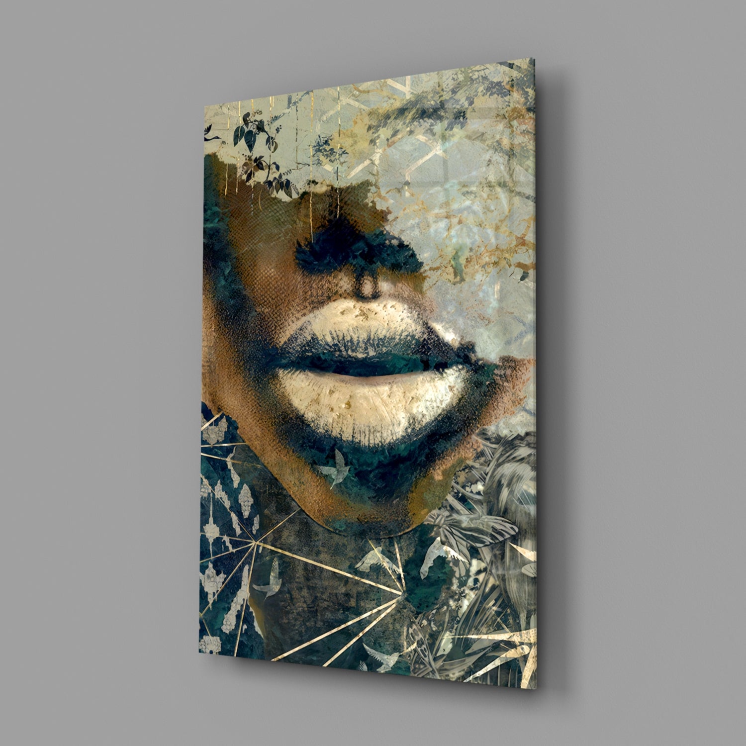 Golden Lips Botanical Collage Glass Wall Art