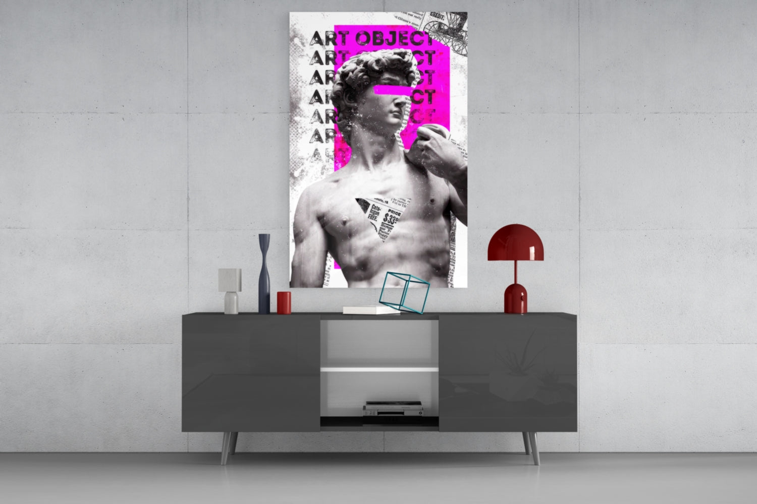 Marble Statue Collage Magenta Block Glass Wall Art