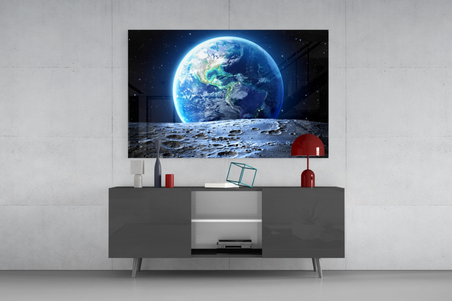 Earth Rise Over Cratered Moon Surface Glass Wall Art