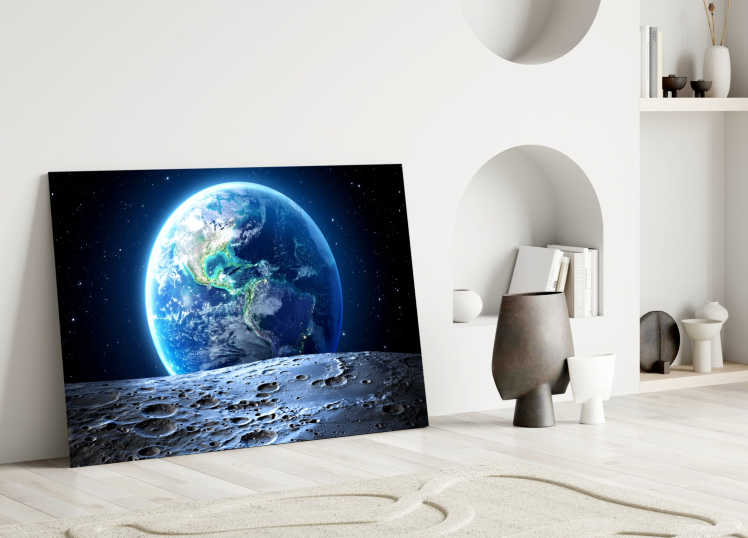 Earth Rise Over Cratered Moon Surface Glass Wall Art