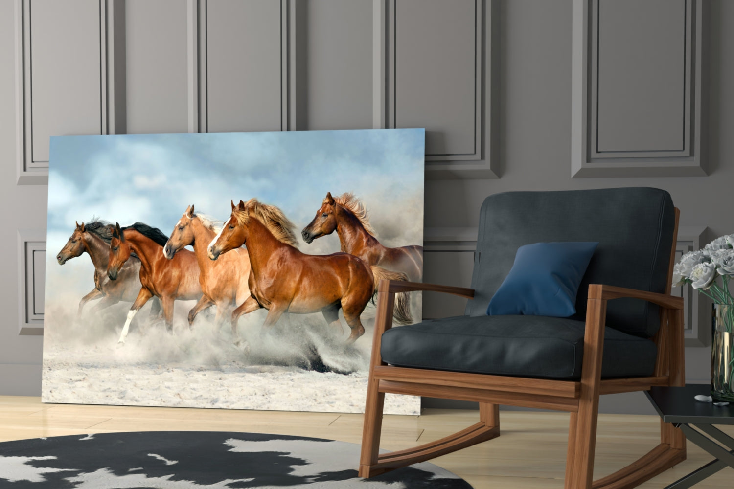 Chestnut Herd Running in Dust Glass Wall Art
