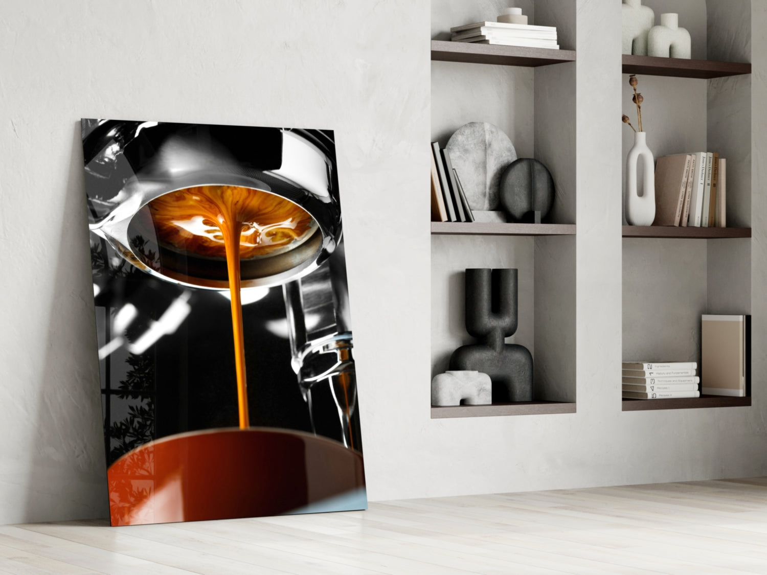 Espresso Pour From Portafilter Closeup Glass Wall Art