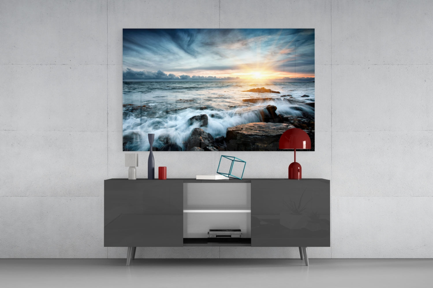 Sunrays Rocky Coast Waves Glass Wall Art