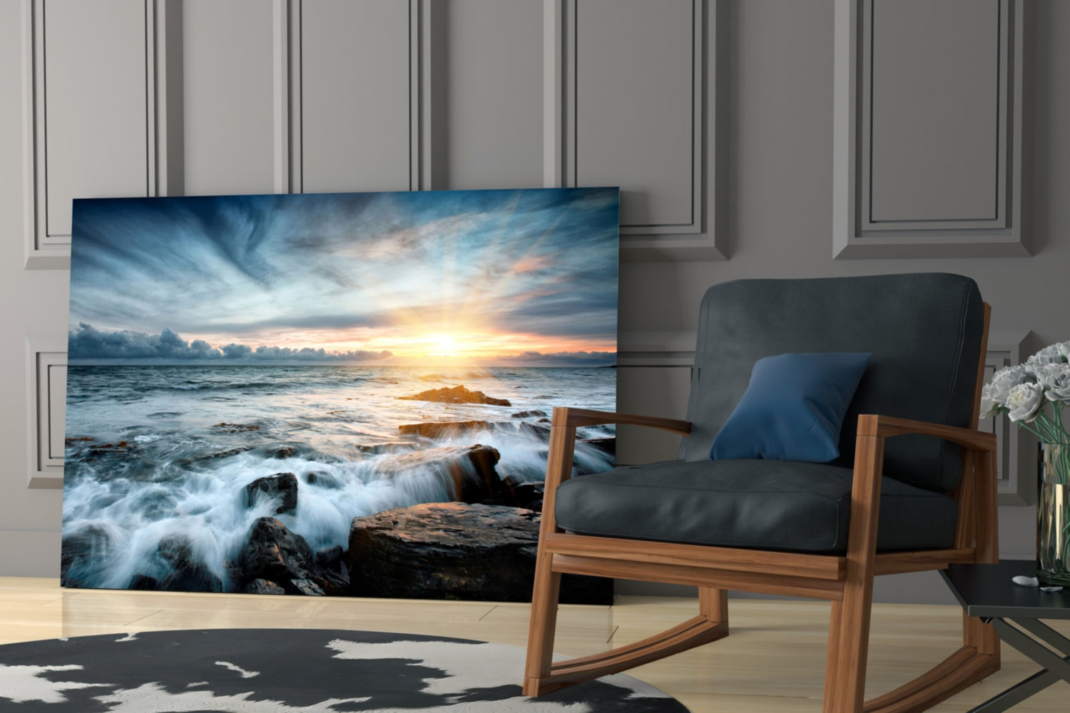 Sunrays Rocky Coast Waves Glass Wall Art