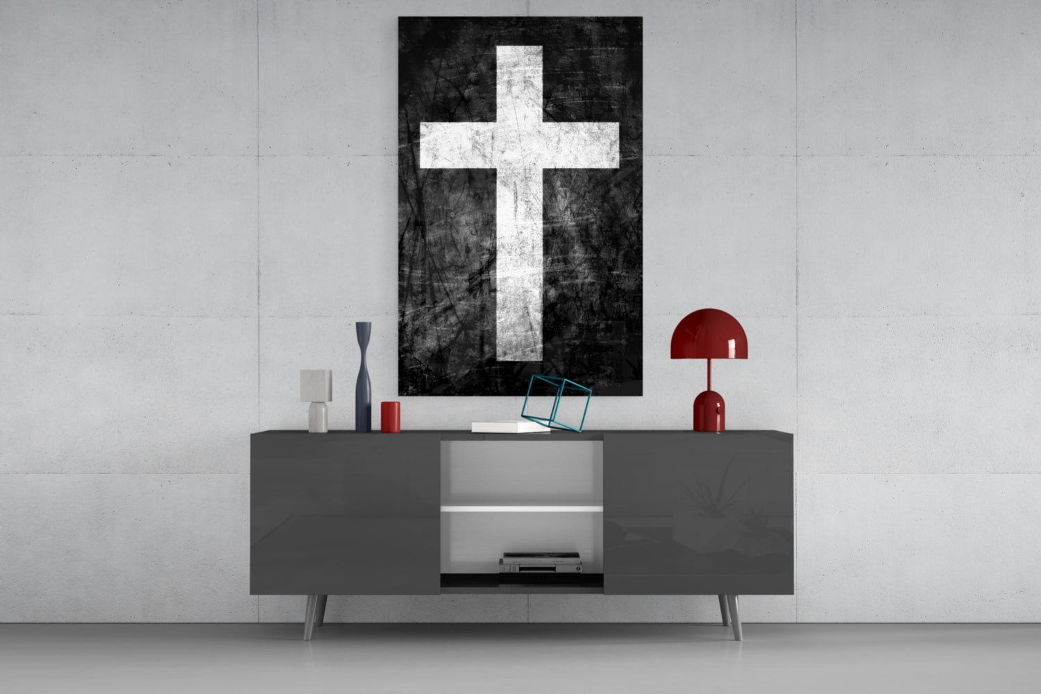 White Chalk Grunge Black Cross Glass Wall Art