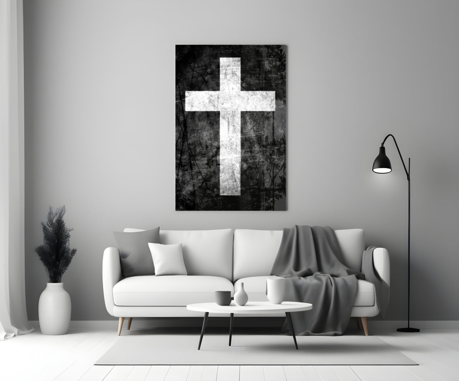 White Chalk Grunge Black Cross Glass Wall Art