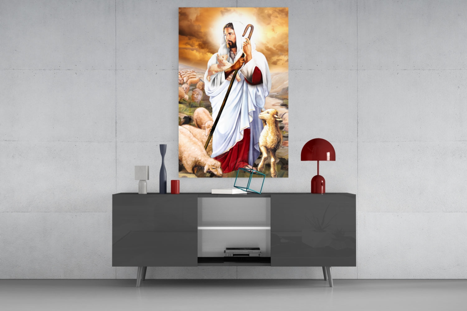 Good Shepherd With Lambs Jesus Glass Wall Art