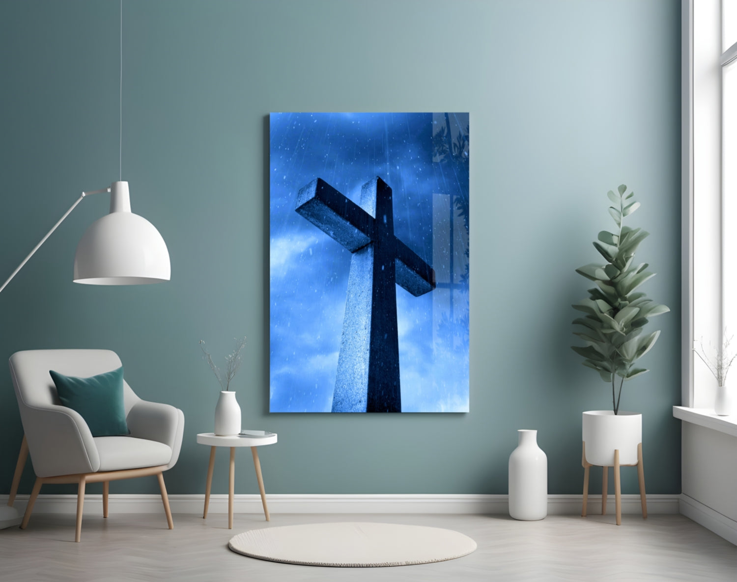 Blue Rain Stone Monument Cross Glass Wall Art