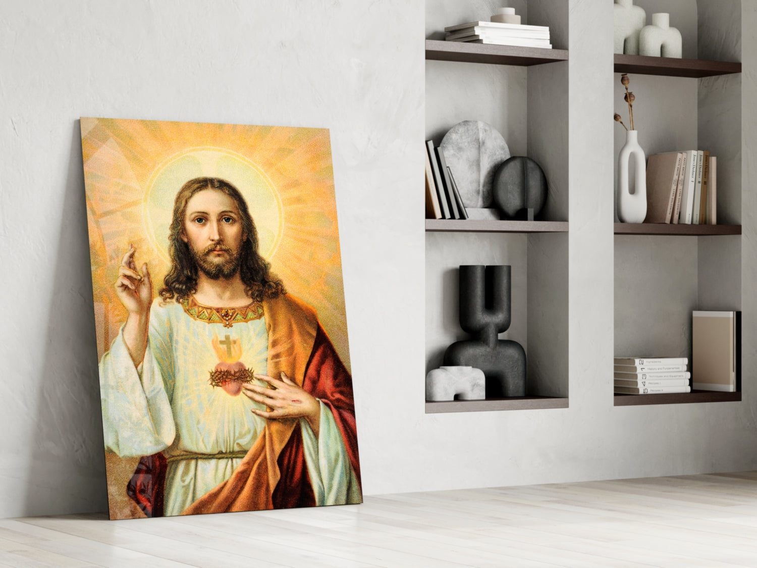 Vintage Sacred Heart Halo Jesus Glass Wall Art