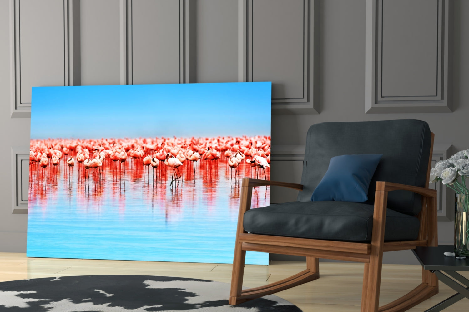 Pink Flock On Blue Lake Flamingos Glass Wall Art