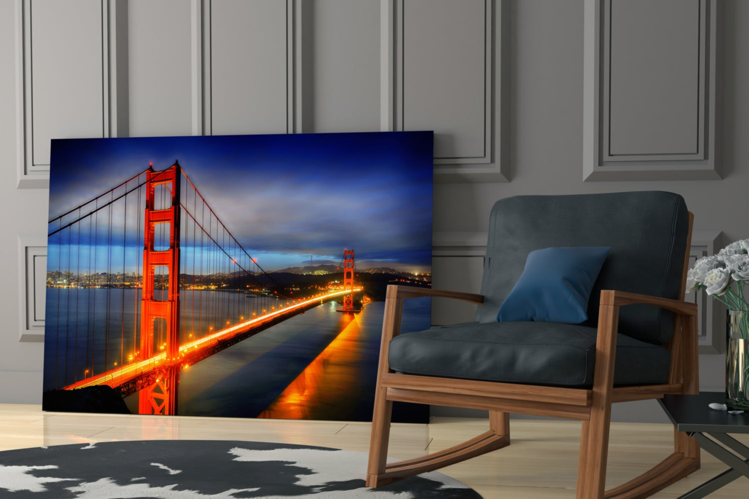 Golden Gate Bridge Night Lights Blue Hour Glass Wall Art
