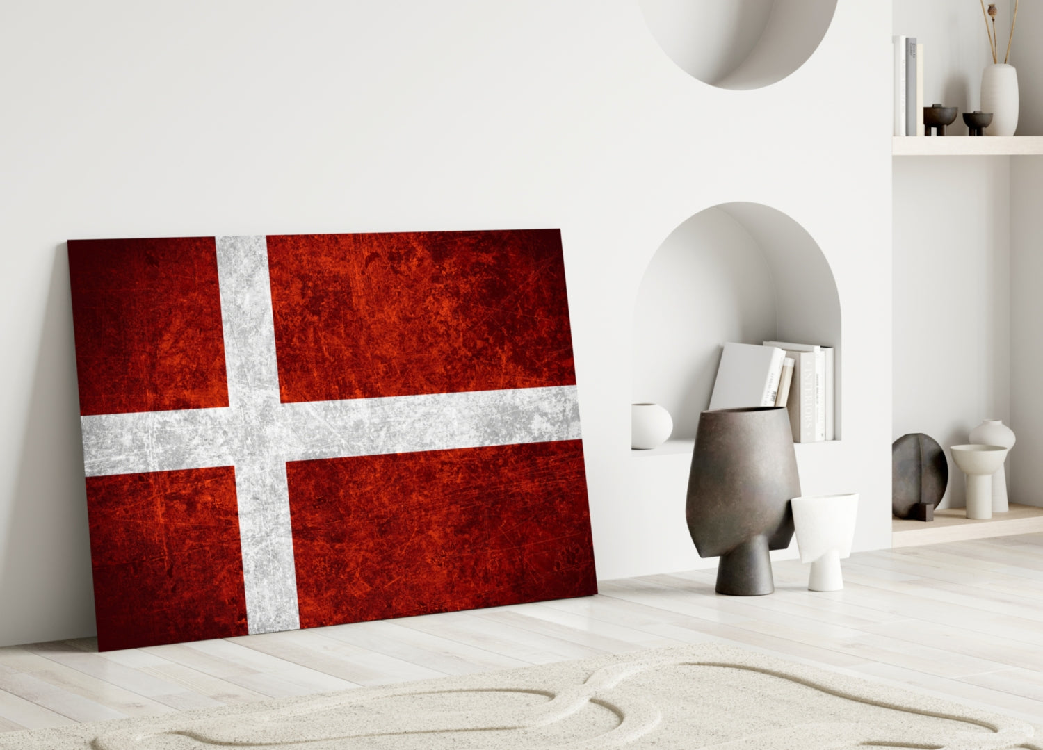 Deep Burgundy Weathered Denmark Cross Flag Glass Wall Art