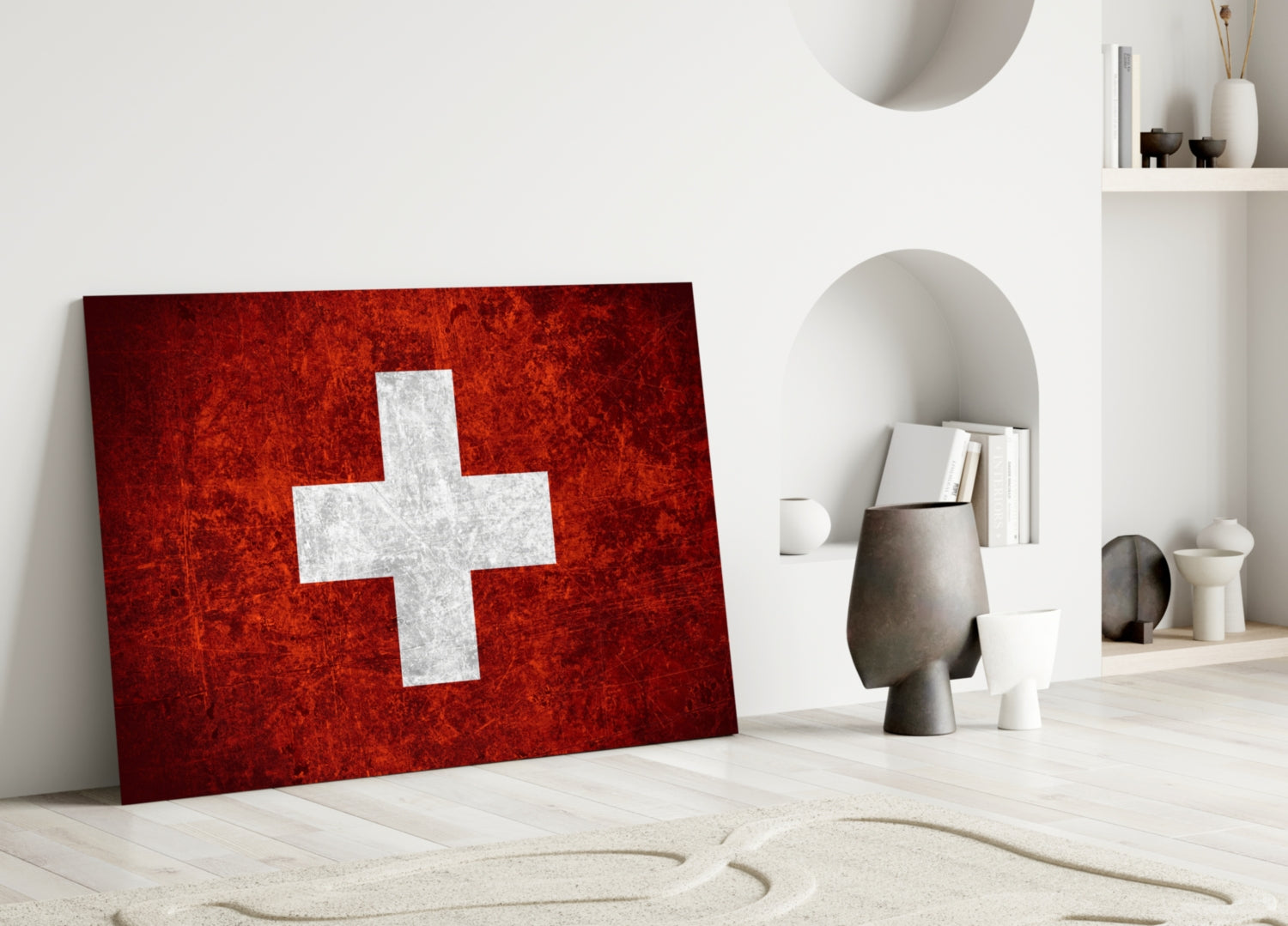 Deep Dark Red Weathered Swiss Cross Flag Glass Wall Art
