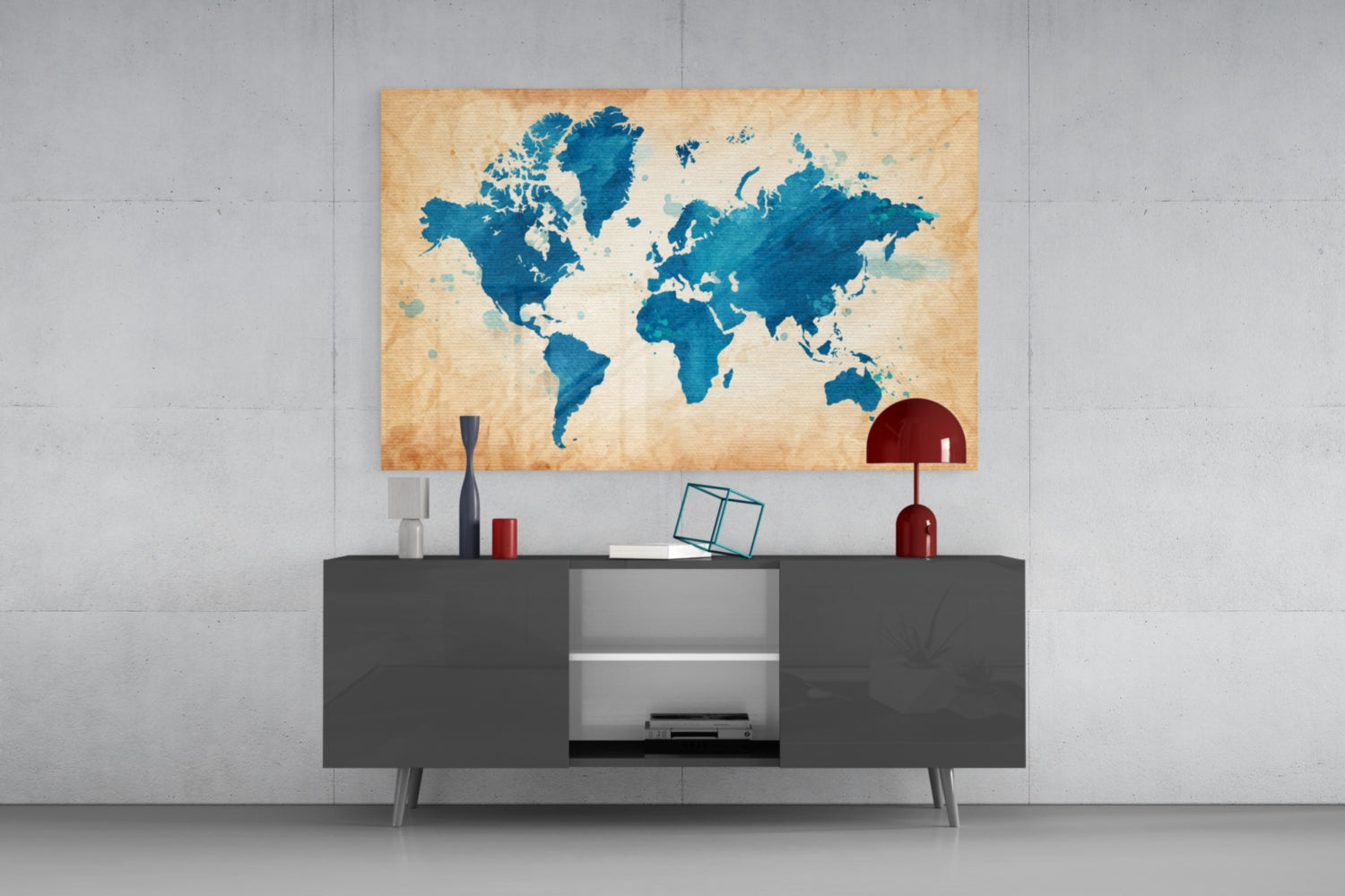 Blue Watercolor World Map Kraft Glass Wall Art
