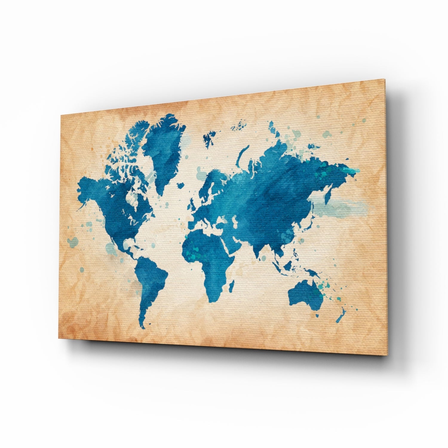 Blue Watercolor World Map Kraft Glass Wall Art
