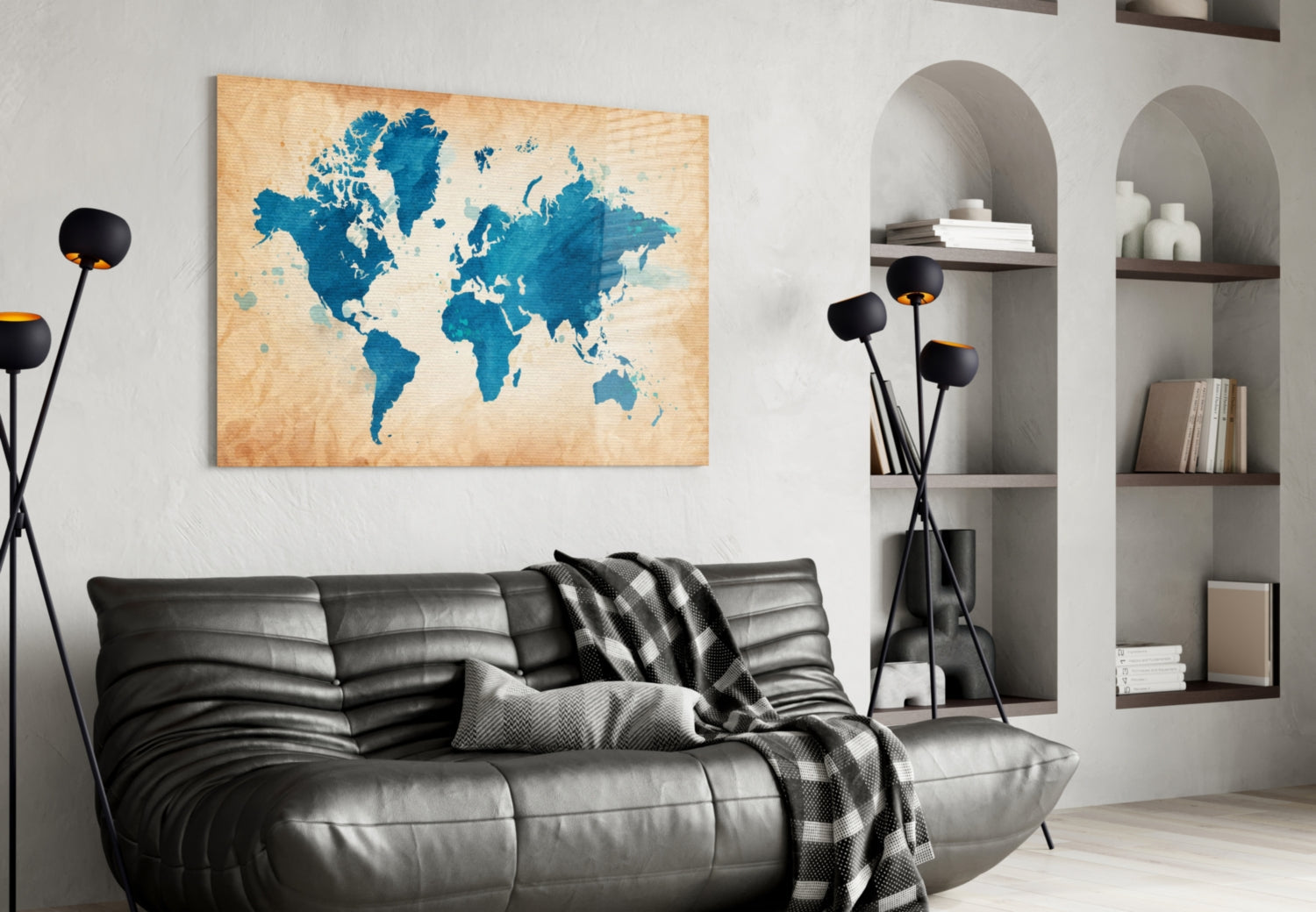 Blue Watercolor World Map Kraft Glass Wall Art