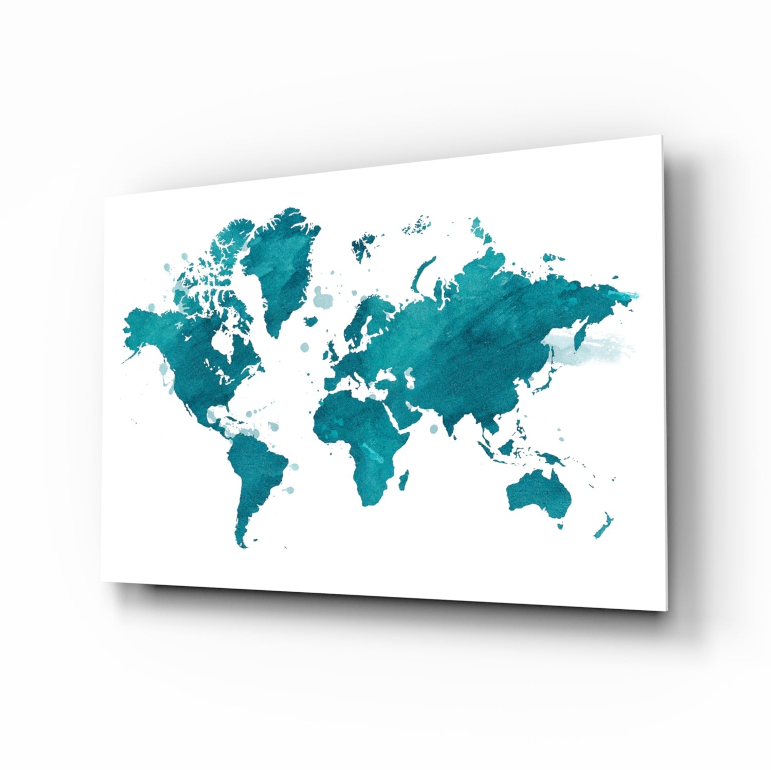 Teal Watercolor World Map Glass Wall Art