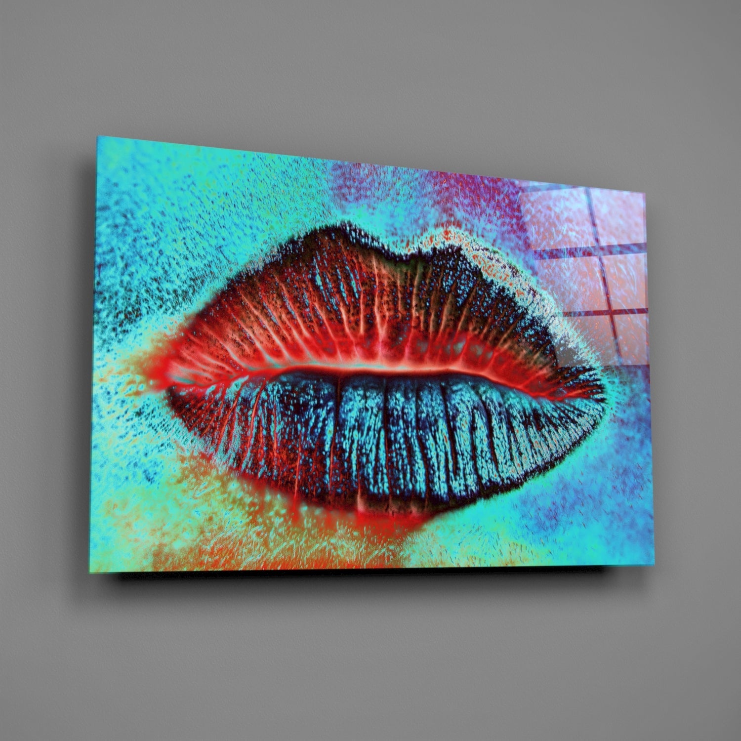 Turquoise Red Kiss Lips Glass Wall Art
