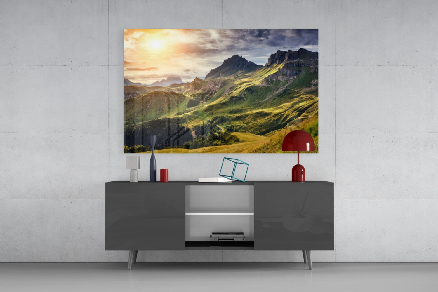 Sunlit Green Alpine Valley Ridge Glass Wall Art
