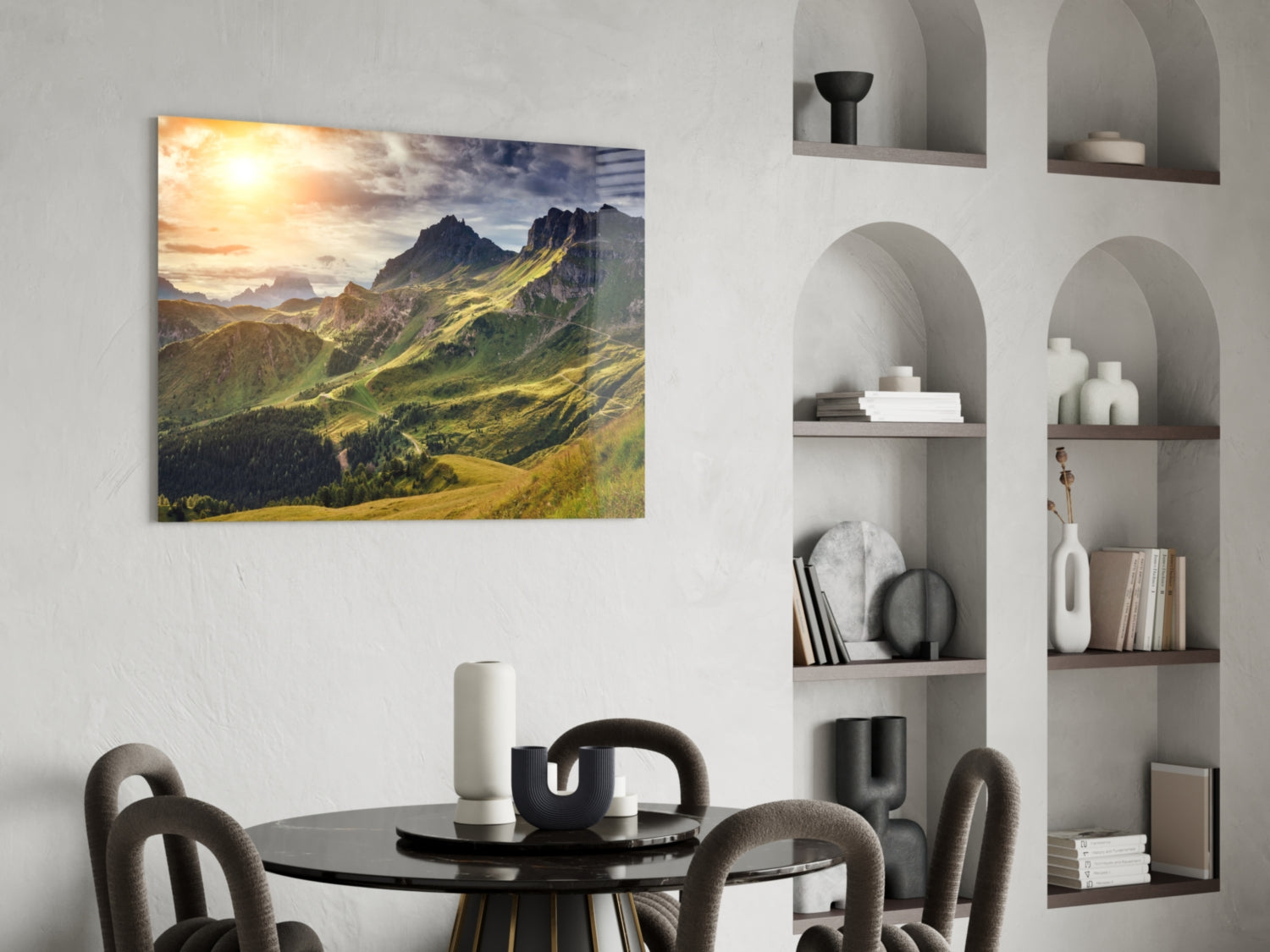 Sunlit Green Alpine Valley Ridge Glass Wall Art
